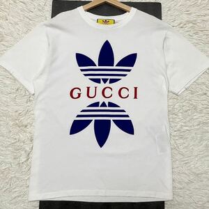 Lサイズ★GUCCI × adidas グッチ アディダス コラボ 半袖 Tシャツ カットソー トレフォイル ロゴ ホワイト メンズ ITALY製 オーバーサイズ