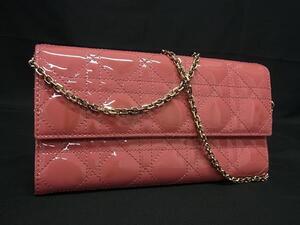 1円 ■美品■ ChristianDior ディオール カナージュ パテントレザー チェーン ショルダーウォレット 長財布 コーラルピンク系 FF2606