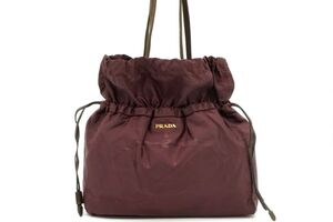 1円〜 プラダ ショルダー バッグ トート ジャガードロゴ 巾着 テスートナイロン ボルドー PRADA 0563h