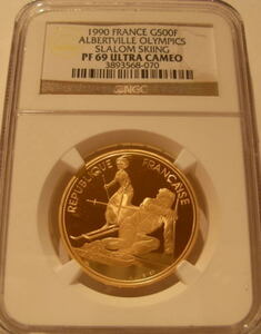 フランス1990金貨 500フランNGC PF69UCアルベールビルオリンピック - スラロームスキー 硬貨