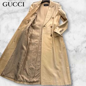 超弩級!!!幻の最高傑作!!!GUCCI グッチ レザー ダブル チェスターコート マキシ丈 ロング 極上柔らか本革◎ヴィンテージ ベージュ 42 XL位