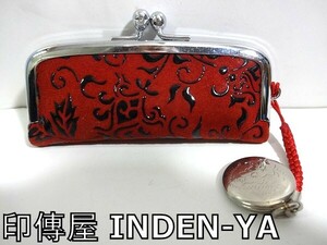  X4I059◆本物◆ 印傳屋 INDEN-YA レッド ボタニカル柄 がま口 印鑑ケース 印鑑入れ 判子ケース 朱肉チャーム付き