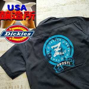 A495 DICKIES ワーク シャツ 半袖 アメリカ 古着 M ビール 工場 クラフト 地 醸造所 バック フロント プリント ビンテージ ディッキーズ 激