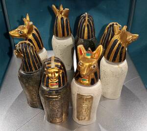 古代エジプト：カノポス壺 容器 全高約8cm 2種 ミイラ 副葬品 極彩色 置物 2405A/オクパナ