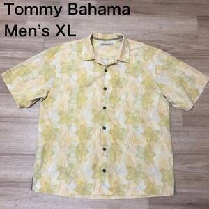 【送料無料】Tommy Bahamaシルク57%コットン39%リネン4%アロハシャツ黄色黄緑総柄　メンズXLサイズ　トミーバハマハワイアン半袖シャツ絹麻