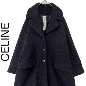 【送料無料】celine セリーヌ　オーバーコート　モヘア　冬物　ロングコート 冬物　36 ブラック　レディース　もこもこ　金ボタン　Aライン