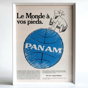 PAN AM パンナム パンアメリカン航空 1970年 イラスト フランス ヴィンテージ 広告 額装品 インテリア フレンチ ポスター 稀少