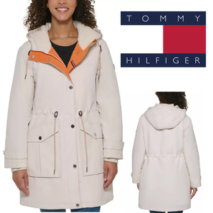 新品 M ★ TOMMY HILFIGER トミーヒルフィガー レディース フード コート 白 ベージュ US-S アウター ジャケット 防寒 ボア モッズコート