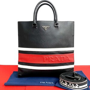 極 美品 PRADA プラダ 三角ロゴ 金具 サフィアーノ レザー 2way ショルダーバッグ トートバッグ ハンドバッグ ブラック メンズ 41133