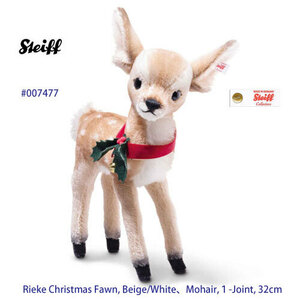 ★海外より、新品 Steiff #007477 仔ジカのリーケ（クリスマス）、ベイジュ・ホワイト、モヘア、32ｃｍ、世界限定-1225体★