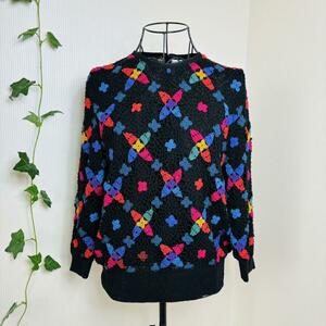 Hand knit 総レース 総刺繍 マルチカラー レースニット 黒 カラフル