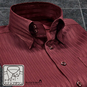191850-win BLACK VARIA ドゥエボットーニ ストライプ柄 ジャガード スナップダウン ドレスシャツ メンズ(ワインレッド赤) L お洒落