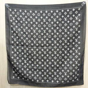 1円～ LOUIS VUITTON ルイ ヴィトン モノグラム スカーフ シルク100％ 黒系 ブラック系 ロゴ　