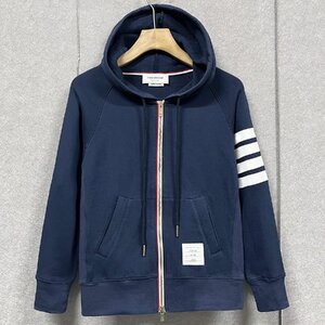 新品未使用 THOM BROWNE トムブラウン スウェット ジップアップ パーカー ジャケット 長袖 フード付き ネイビー size:0(XS)