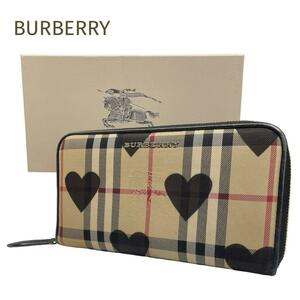 極美品☆BURBERRY☆バーバリー ノバチェック×ハート ラウンドファスナー 長財布 箱 保存袋 カードあり