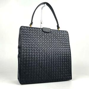 1円〜美品■BOTTEGA VENETA ボッテガヴェネタ イントレチャート ハンドバッグ がま口 ラムレザー ブラック トートバッグ ビジネスバッグ A4