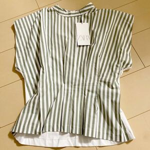 新品　ZARA ザラ　カーキ　ストライプ　トップス Tシャツ ハイネック　M程　L表記