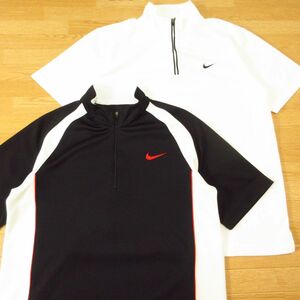 ◎使用少なめ！L 2枚セット！NIKE GOLF ナイキゴルフ◆半袖 ジップポロシャツ DRI-FIT 速乾 春夏！◆メンズ 黒x白 まとめ売り◆C1539