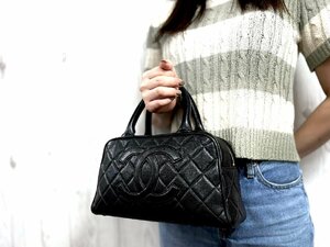 極美品 CHANEL シャネル キャビアスキン マトラッセ ココマーク ハンドバッグ ミニボストン バッグ レザー 黒 76200Y