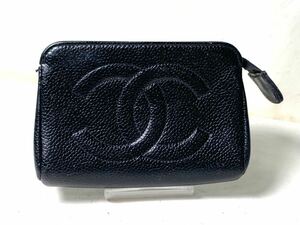 1455 1円 ■極美品■ CHANEL シャネル ココマーク マルチポーチ マルチケース 小物入れ レディース メンズ ブラック系　キャビアスキン