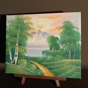 手書き油絵 山河と朝日 置物 絵画 油彩画