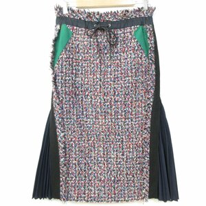 美品 sacai サカイ Mix Tweed Skirt ミモレ丈 サイドプリーツ ミックスツイードスカート サイズ2 マルチカラー ◆