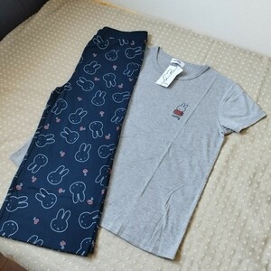 未使用 ミッフィー 上下セット ルームウエア パジャマ ワンマイルウエア 半袖 Tシャツ ワイドパンツ LL 紺gray●他size有●送料無料