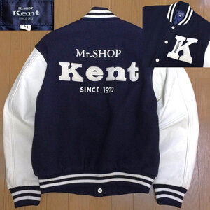 希少 美品 横浜元町 Mr.SHOP Kent ケント 日本製 ワッペン 刺繍 牛革 レザー x メルトン 中綿 袖革 スタジャン メンズ M 紺 VAN JAC ヴァン