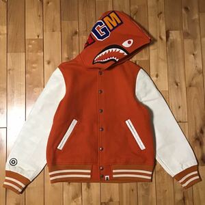 袖レザー shark hoodie varsity jacket Mサイズ a bathing ape BAPE leather シャーク パーカー スタジャン エイプ ベイプ m183