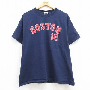 XL/古着 半袖 ビンテージ Tシャツ メンズ 00s MLB ボストンレッドソックス 松坂大輔 18 コットン クルーネック 紺 ネイビー メジャーリ