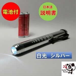 LED ペンライト 医療用 白光 シルバー 電池付き ソフトボタン ノック式 瞳孔計 スケール付 ナース 看護