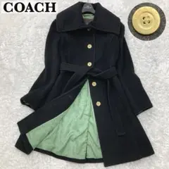 COACH ロングコート ロゴボタン 裏地シグネチャー ベルト ブラック S相当