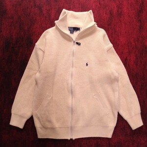 90s ポロ ラルフローレン ドライバーズニット ベージュ ジップアップ M ヴィンテージ Polo by Ralph Lauren メンズニット 古着 90