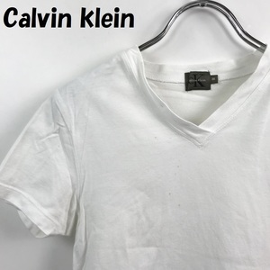【人気】Calvin klein/カルバン クライン Vネック 半袖Tシャツ コットン100％ ホワイト サイズＭ レディース/S3607