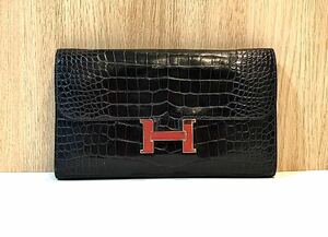 美品☆エルメス　HERMES コンスタンス　長財布　クロコ　クロコダイル　アリゲーター　ゴールド金具　ブルーマリン　黒　ブラック