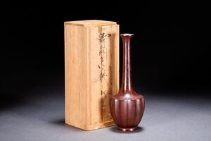 【善古堂】某有名オークション買入 時代物 銅鋳花瓶 花入 花生 越山作 共箱 和風インテリア 骨董品 古美術1025-394S01