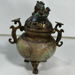乾隆年製獅子 香炉 天然石銅製 三足 茶道具 香道具 時代物 在銘 アンティーク 