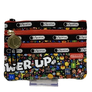 レスポートサック LESPORTSAC 黒×イエロー×マルチ Nintendoコラボ/スーパーマリオ/三段ファスナー 美品 ポーチ