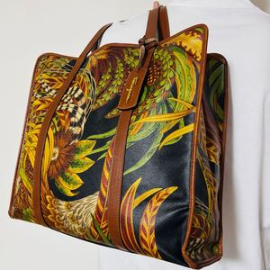 【美品/A4】フェラガモ Salvatore Ferragamo トートバッグ メンズ 肩がけ 肩掛け ハンド ビジネス 大容量 レザー ボタニカル柄 ブラウン