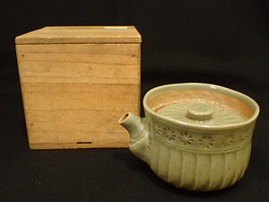 k5534 / 虫明焼 むしあげ 英山作 宝瓶 煎茶 急須 茶器 骨董品 共箱 現状品