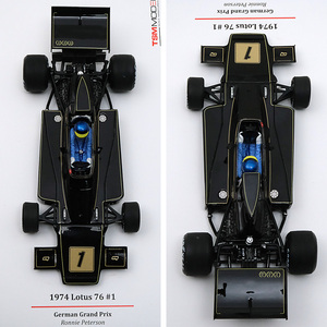 TSMモデル 1/43 LOTUS 76 ＃1　ロータス76 / ロニー・ピーターソン　1974 ドイツGP　JPSデカール + 1976年、1977年日本GP撮影 生写真4枚付