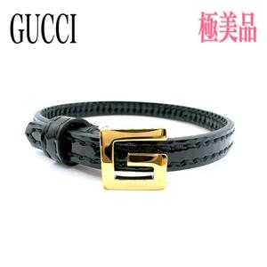 GUCCI バングル ブレスレット S レザー ブラック系×ゴールド系 Gロゴ