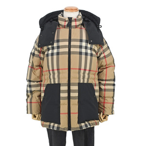 バーバリー BURBERRY ダウンジャケット PUFFER JACKET チェック 8045956 ナイロン ベージュ サイズL フード付き アウター 中古