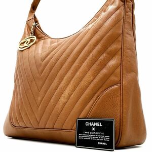 1円【最高級】CHANEL シャネル トートバッグ ハンド シェブロン ゴールド金具 キャビアスキン デカココチャーム ブラウン 肩掛け シール有