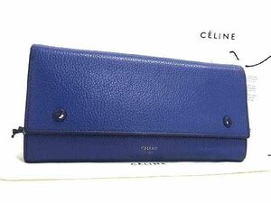 1円 CELINE セリーヌ ラージフラップ マルチファンクション レザー 二つ折り 長財布 ウォレット レディース ブルー系 FC6153