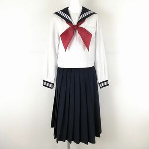 1円 セーラー服 スカート スカーフ 上下3点セット ELLE 中間服 白3本線 女子 学生服 埼玉松山女子高校 白 制服 中古 ランクC NA9013