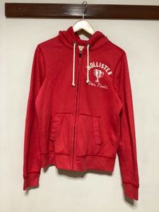 て1091 HOLLISTER ホリスター ジップアップパーカー スウェットフーディ S レッド ユーズド加工 アメカジ 古着