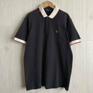 【1円スタート】 FRED PERRY フレッドペリー 刺繍ロゴ ドット柄 鹿子 半袖 ポロシャツ 黒ブラック 白 ホワイト Lサイズ ヒットユニオン製