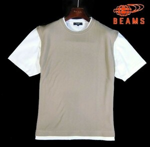 F月06499新品▼ ビームス BEAMS ベストフェイクレイヤード 半袖カットソー 【 M 】 半袖Tシャツ 重ね着 Tシャツ くすみベージュ系