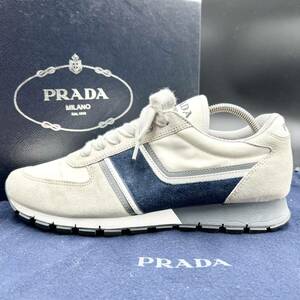 1円 【美品】 PRADA プラダ 【圧倒的高級感】 メンズ スニーカー シューズ ローカット 靴 スエード ナイロン ホワイト 白 25.5cm位